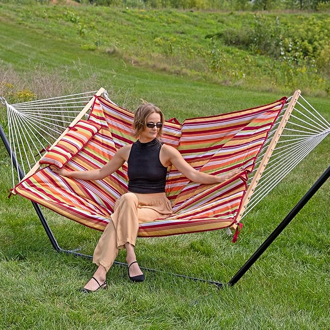 Sunnydaze Rope Hammock with Stand for Outside- 275-Pound Capacity - Includes 12-Foot Hammock Stand, Spreader Bar, Pad, and Pillow - Tropical Orange