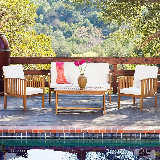 Merax Patio Furniture Set, 4 Pieces Outdoor Acacia Wood Conversation Sets with Coffee Table & Cushions, Garden Conversation Bistro Sets for Patio, Lawn, Yard, Pool or Backyard, Brown