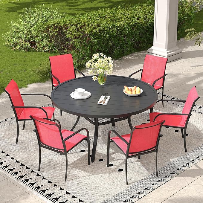 7 Pieces Outdoor Dining Set, Stackable Textilene Paito Chairs & 47.2" Round Dining Table with Umbrella Hole and Shelf, Patio Dining Set for Backyard, Deck, Garden, Red & Black