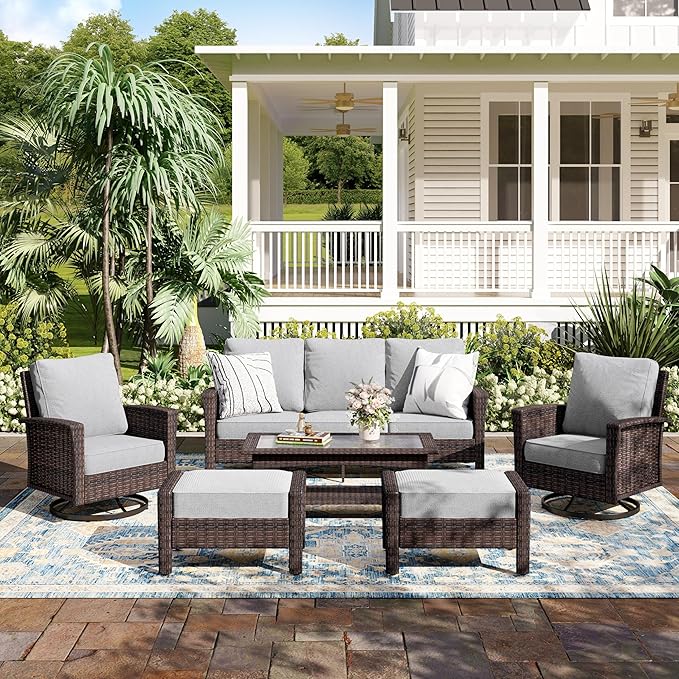 6-Piece Wicker Patio Furniture Set with Swivel Chairs, High Back Outdoor Furniture with 5.5-inch Thick Cushion and Ottoman, All-Weather Wicker Patio Conversation Set for Deck Yard Pool, Grey