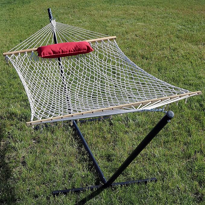 Sunnydaze Rope Hammock with Stand for Outside- 275-Pound Capacity - Includes 12-Foot Hammock Stand, Spreader Bar, Pad, and Pillow - Modern Lines