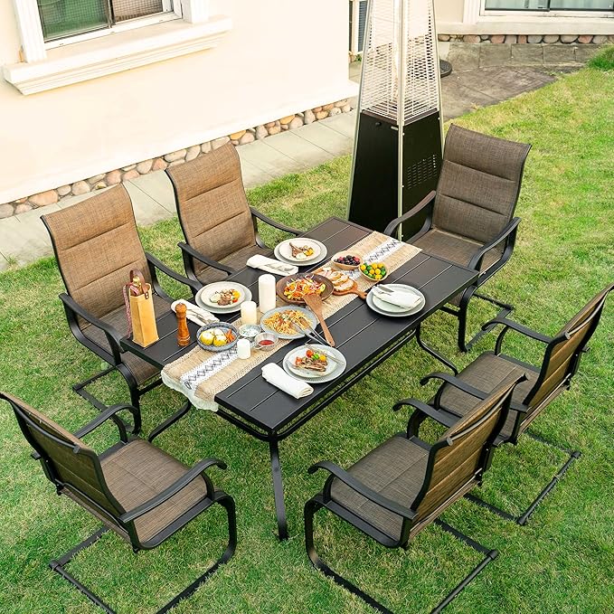 NUU GARDEN 7 Piece Outdoor Dining Set, 6 All Weather Padded Textilene Patio Chairs and 61" Rectangular Dining Table with 1.57" Umbrella Hole, for Patio, Garden, Brown and Black