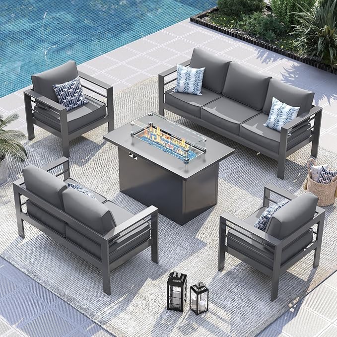 UDPATIO Aluminum Patio Furniture Set, 5 Pieces Outdoor Conversation Set with Fire Pit Table, All-Weather Modern Sectional Sofa for Patio, Deck, Backyard, Dark Grey/Dark Grey
