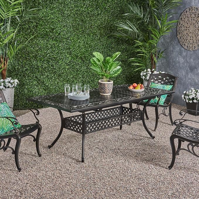 roomfitters Expandable Cast Aluminum Dining Table, Classic Outdoor Design with Lattice Top and Shelf, Weather-Resistant, Bronze
