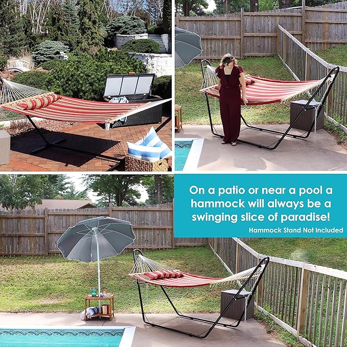 Sunnydaze Set of 2 Outdoor Quilted Fabric Hammocks - 2-Person Hammock with Spreader Bars – Red Stripe and Blue/Green Stripe