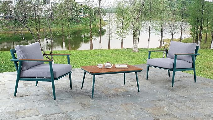 Furniture of America Beth Mid-Century Modern 3-Piece Aluminum Patio Conversation Set, Rectangle Table and 2 Padded Outdoor Chairs for Garden, Backyard, Deck, Gray, Green and Oak Brown