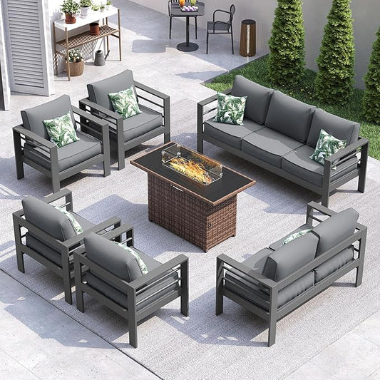 UDPATIO 10 Piece Aluminum Patio Furniture Set with Wicker Fire Pit Table,Mordern Outdoor Furniture Set with Water-Proof Cover Included, Dark Grey