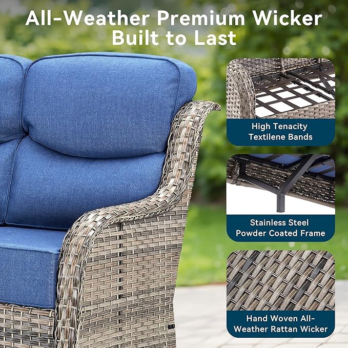Luxury Outdoor Patio Furniture Set-Wicker High Backrest 3-Seat Patio Sofa with Comfy 6" Cushion, Rattan Couch with Deep Seat All-Weather Patio Conversation Set for Deck Backyard Garden(Grey/Blue)