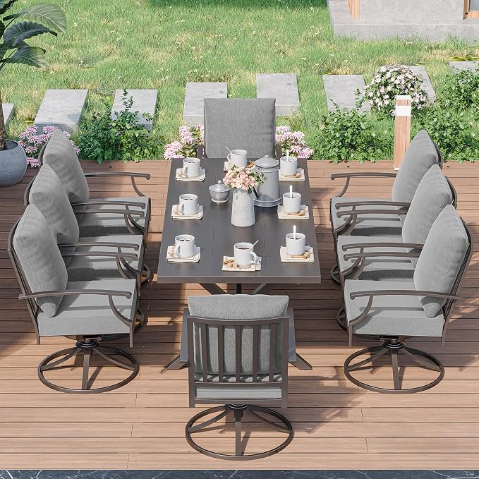 Kurapika 9 Pieces Patio Dining Set Outdoor Furniture with 8 Swivel Chairs, Metal Patio Furniture Set 8 Chairs and Large Table with Umbrella Cutout for Yard Porch Deck, Grey