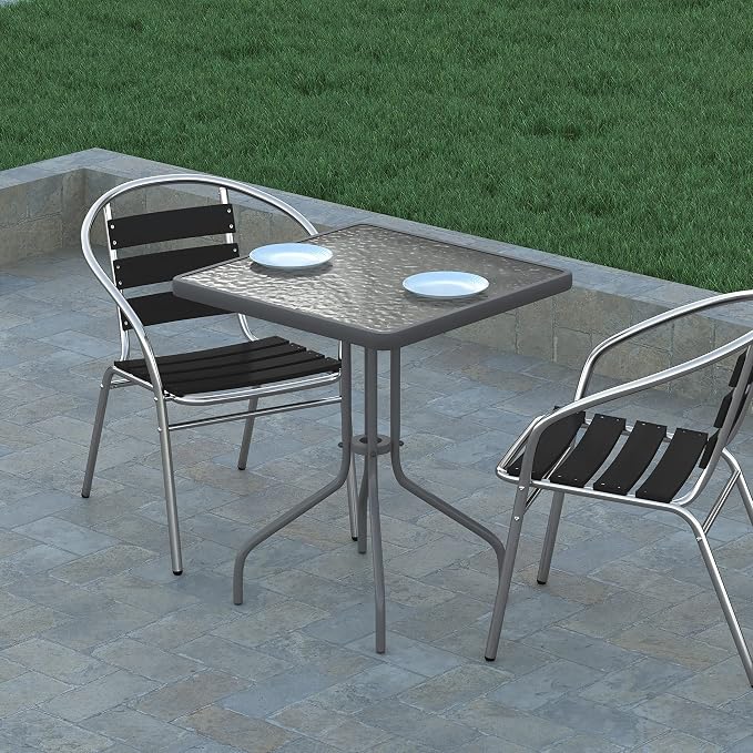 EMMA + OLIVER Benji Patio Dining Table - Silver Metal Frame - 23.5" Square Tempered Glass Top - Suitable for Indoor/Outdoor Use