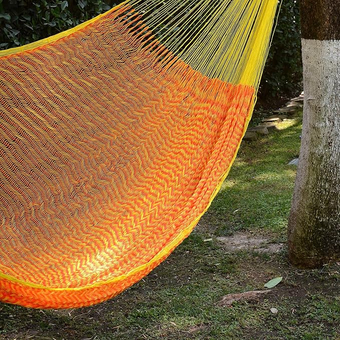 NOVICA Bright Orange Yellow Hand Woven Nylon Mayan 2 Person XL Rope Hammock, 'Daffodil Dreams' (Double)