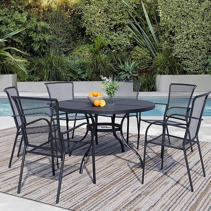7 Pieces Outdoor Dining Set for 6, Black Metal Mesh Outdoor Dining Table and 6 Black Metal Mesh Stackable Patio Chairs with Armrest, Patio Table and Chairs Set for Lawn Garden Backyard