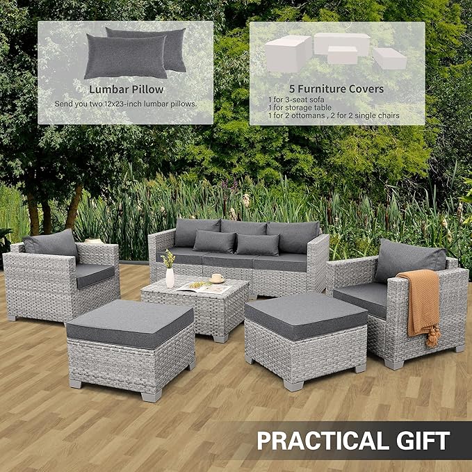 WAROOM Patio Furniture Set 6 Piece PE Rattan Outdoor Conversation Sets Grey Wicker Couch Sectional Sofa with Storage Coffee Table and Grey Cushion