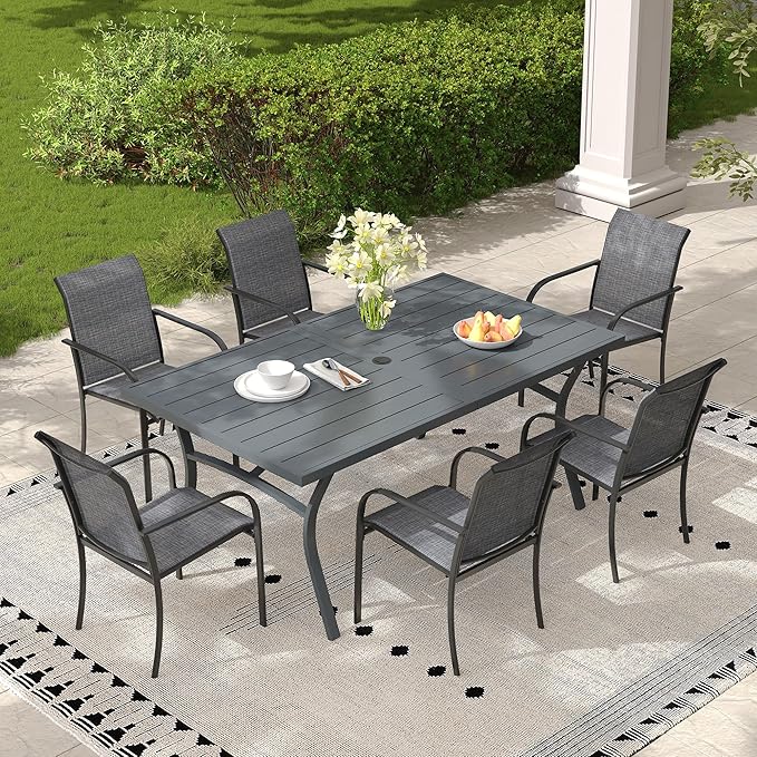 Patio Table and Chairs Set for 6, Outdoor Dining Set with 6 Stackable Dining Chairs and 63.1" x 28" Rectangle Patio Metal Table for Backyard, Deck, Lawn, Garden, Grey & Dark Grey