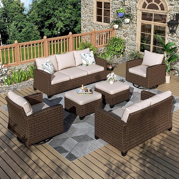 OutdoorPatio Furniture Set, 6 Pcs Wicker Patio Conversation Set, 2 x Swivel Chairs, 1 x 3 Seater Sofa, 1 x 2-Seat Lover Sofa and 2 x Ottomans with 4" Thick Cushion, Beige