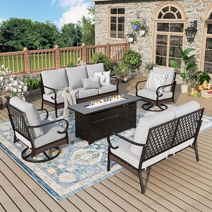 Patio Furniture Set with Fire Pit Table, Metal Outdoor Conversation Set with 5.75'' Extra Thick Cushion, 2 Swivel Chairs, Loveseat Sofa, 3-Seat Sofa and Gas Fire Pit Table, Light Grey