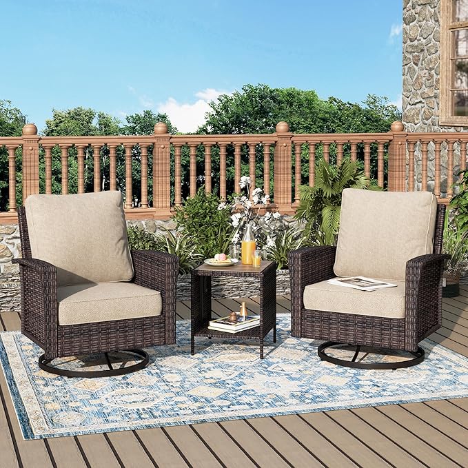 Outdoor Swivel Patio Chairs Set of 2 with Side Table, 3 Piece Wicker Highback Patio Bistro Set with Cushions for Deck Porch, Beige