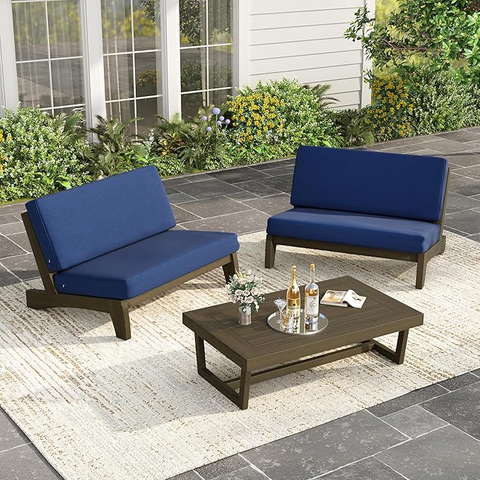 UIXE Wood Patio Furniture Sets, 3 Pieces All Weather Patio Loveseat Sofa Outdoor Sectional Futniture Backyard Conversation Set with Solid Wooden Coffee Table - Navy Blue