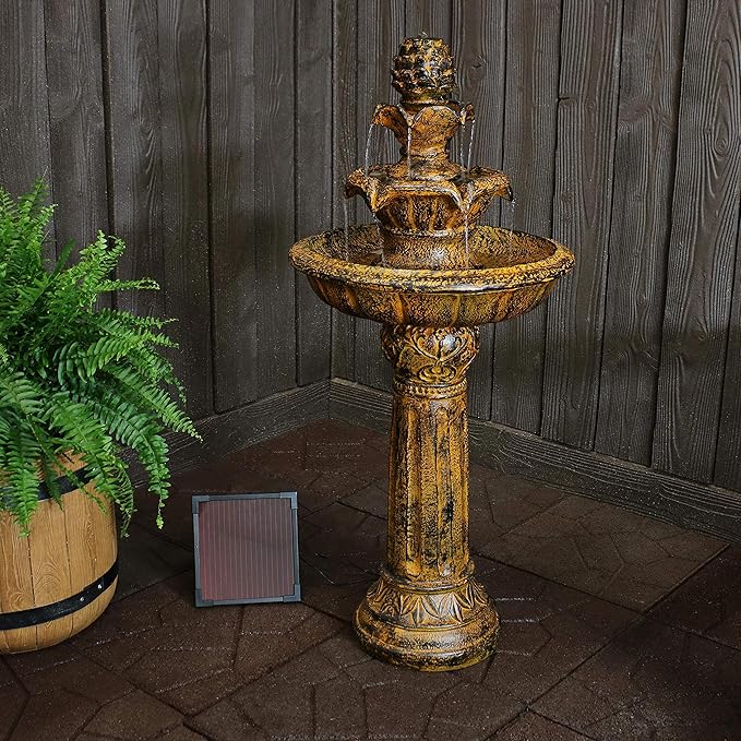 Sunnydaze Ornate Elegance 42-Inch Tiered Solar Fountain with Battery Backup and LED Light - Submersible Pump - Rustic