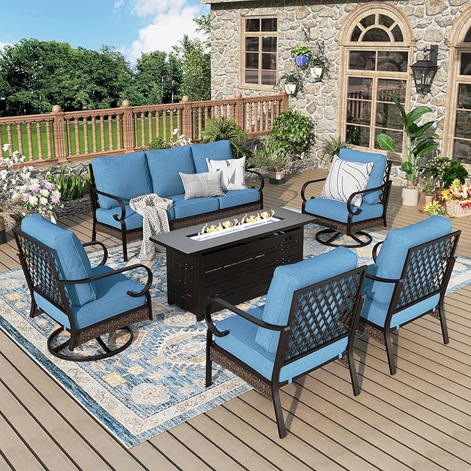 Patio Furniture Set with Fire Pit Table, Metal Outdoor Conversation Set with 5.75'' Extra Thick Cushion, 2 Swivel Chairs, 2 Leg Chairs, 3-Seat Sofa and Gas Fire Pit Table, Navy Blue