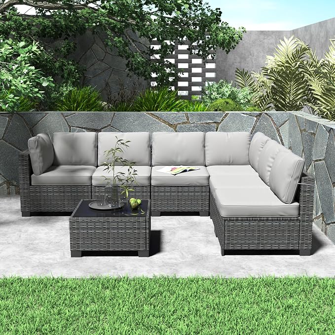 7 Piece Outdoor Patio Furniture Set, PE Rattan Conversation Sofa Set, Wicker Patio Set w/Thick Cushions & Glass Top Coffee Table, All-Weather Outside Furniture for Garden, Balcony, Porch(Grey)