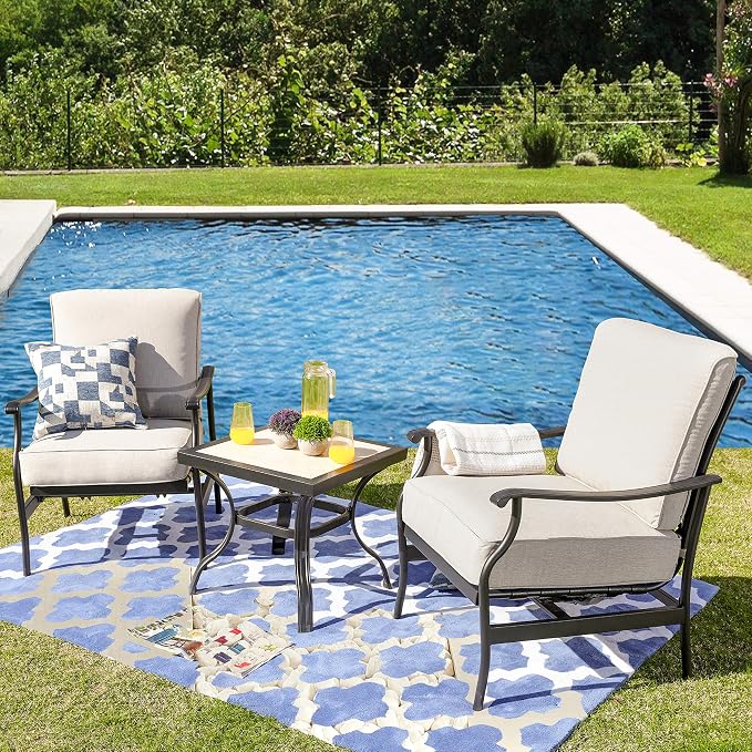 LOKATSE HOME 3 Piece Outdoor Furniture Set with 2 Patio Bistro Conversation Chairs and 21 inch Square Dining Table, Beige