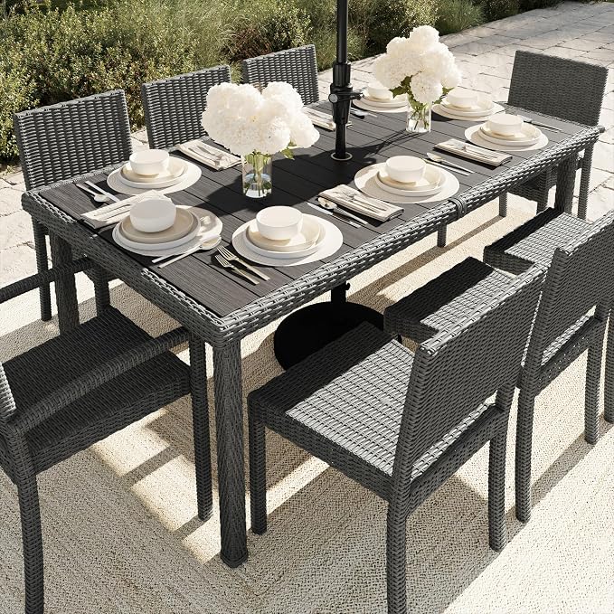 Martha Stewart Bedford 71" Indoor-Outdoor Patio Table with Faux Wood Top and Rattan Wicker Finish in Gray