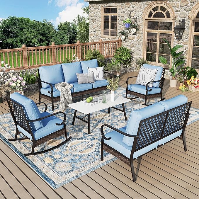 Patio Furniture Set with Coffee Table, Outdoor Conversation Set with 2 x Rocking Chairs, 1 x 2-Seat Sofa, 1 x 3-Seat Sofa for Lawn Garden Backyard, Blue