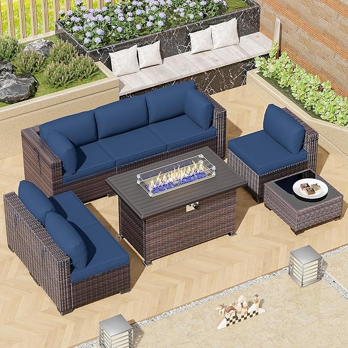 8 Pieces Outdoor Patio Furniture Set,Outdoor Sectional Furniture with 43" 55000 BTU Gas Propane Fire Pit Table,All Weather PE Rattan Wicker Patio Conversation Set,Navy Blue
