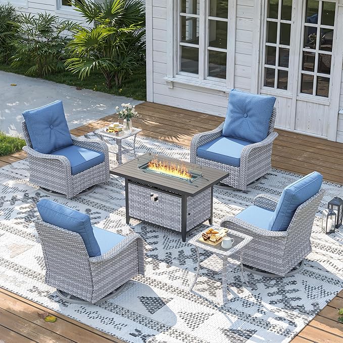 7 Piece Wicker Patio Furniture Set with 55,000 BTU Fire Pit Table, Swivel Rocking Chairs, 4''Cushions, PE Rattan, Wind Guard Glass, for Backyard, Deck or Balcony, Navy