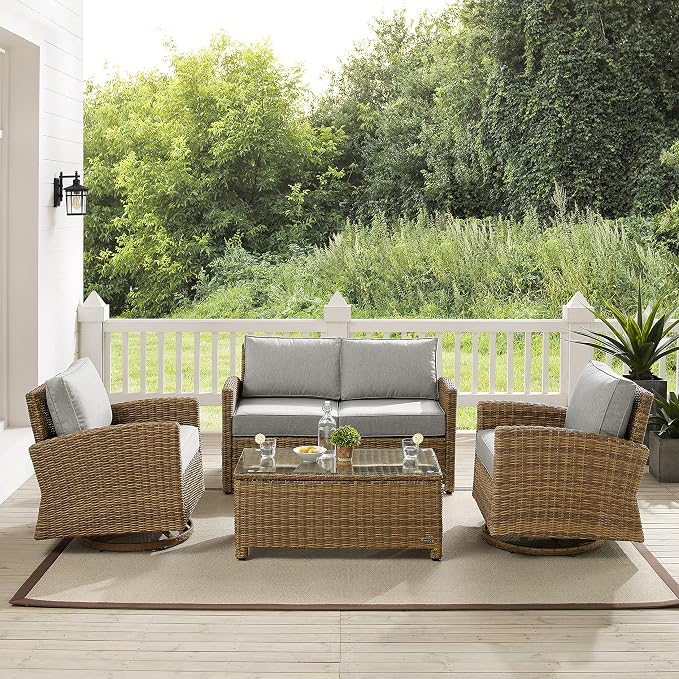 Crosley Furniture Bradenton 4-Piece Wicker Outdoor Loveseat and Swivel Rocker Patio Furniture Set for Porch, Brown with Gray Cushions