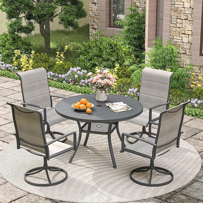 VICLLAX 40.6" Round Metal Outdoor Dining Table for 4, Patio Table with Umbrella Hole and Storage Shelf for Garden, Lawn, Deck, Dark Grey
