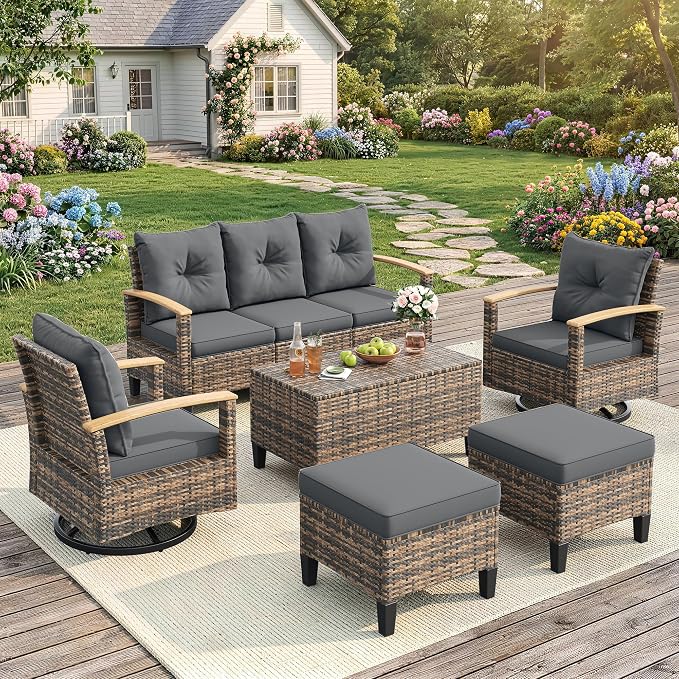 UDPATIO Patio Furniture Set with Swivel Chairs, 6 Pieces Outdoor Wicker Conversation Set with Storage Table for Lawn, Porch, Garden, Backyard, Grey