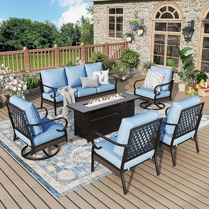 Patio Furniture Set with Fire Pit Table, Metal Outdoor Conversation Set with 5.75'' Extra Thick Cushion, 2 Swivel Chairs, 2 Leg Chairs, 3-Seat Sofa and Gas Fire Pit Table, Blue