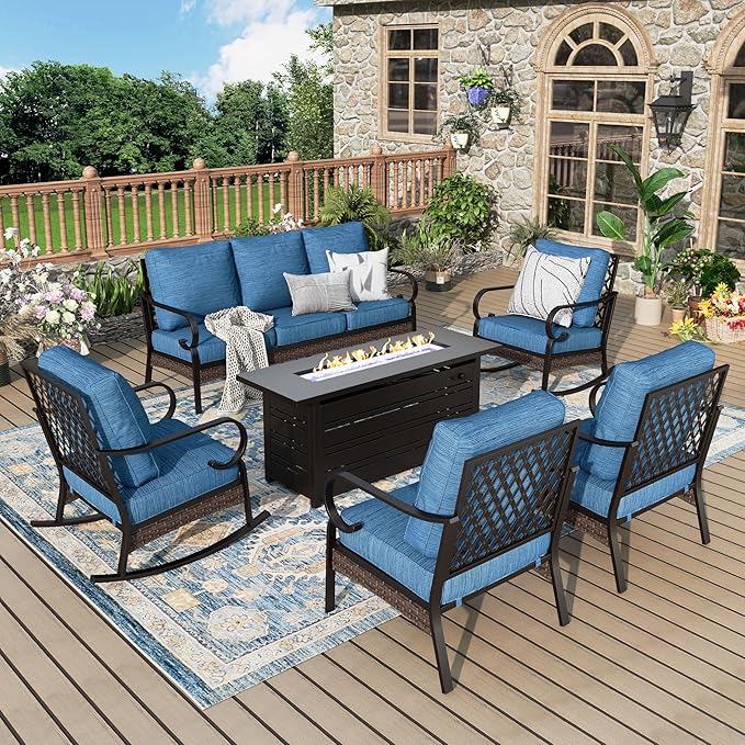 Patio Furniture Set with Fire Pit Table, Metal Outdoor Conversation Set with 5.75'' Extra Thick Cushion, 2 Rocking Chairs, 2 Leg Chairs, 3-Seat Sofa and Gas Fire Pit Table, Pacific Blue