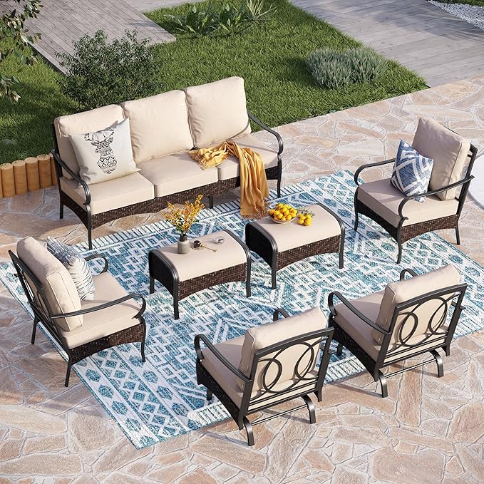 PHI VILLA Extra Large Outdoor Modern Patio Furniture Set, Upgraded Wicker & Metal Patio Conversation Set with Waterproof Thick Cushions for Porch, Poolside, Yard