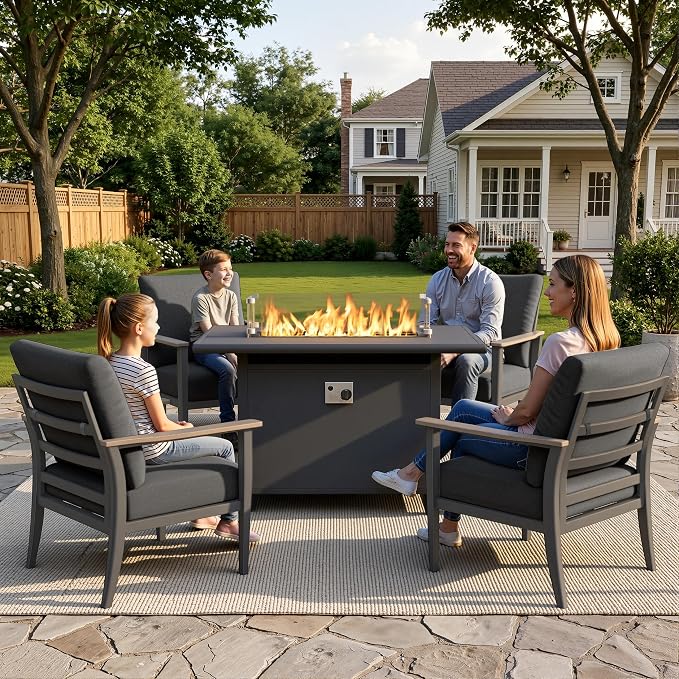Aluminum Outdoor Patio Furniture Set with Swivel Rocking Chairs 5-Piece, Patio Sectional Sofa Patio Conversation Set with 55,000 BTU Fire Pit Table High Backrest & Thickened Cushions, Dark Grey
