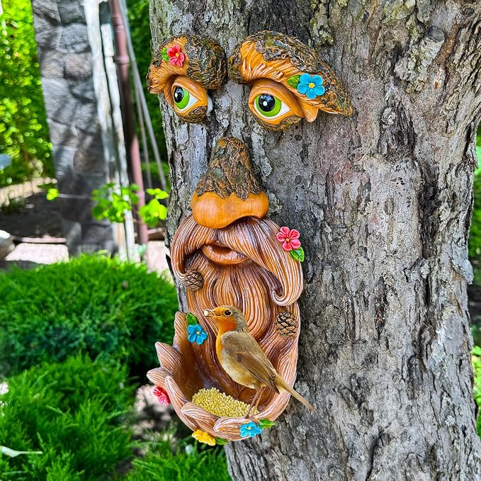 Mood Lab Tree Face Decor with Flowers - Outdoor Old Man Face Decoration - Tree Garden Hugger - Yard Art Statue