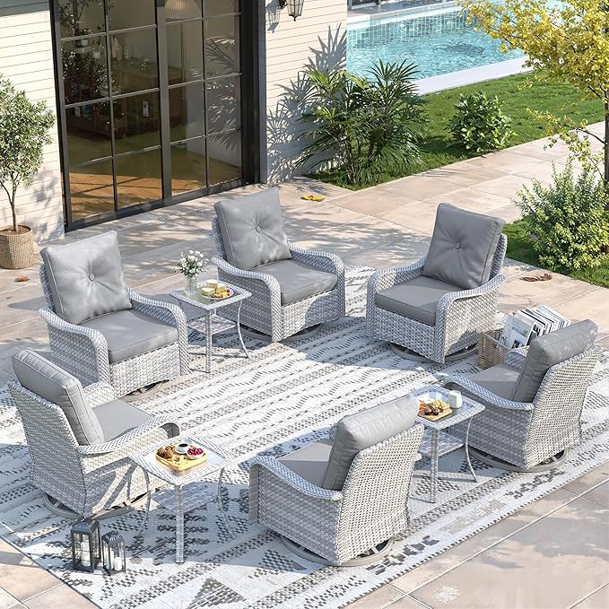 9 Piece Wicker Patio Furniture Set, Swivel Rocking Chairs with 4''Cushions, PE Rattan, Rust Resistant Frame, Double Layer Glass Side Table, for Backyard, Deck or Balcony, Grey