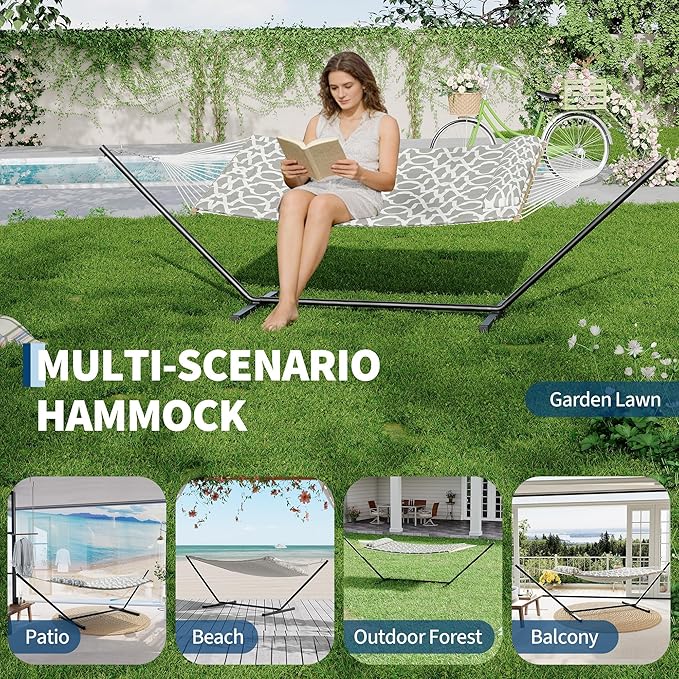 2 Person Outdoor Hammock with Stand, Person Cotton Rope Hammock with Polyester Pad, Portable Hammock with Carrying Bag, for Patio, Garden, Beach, Backyard Camping