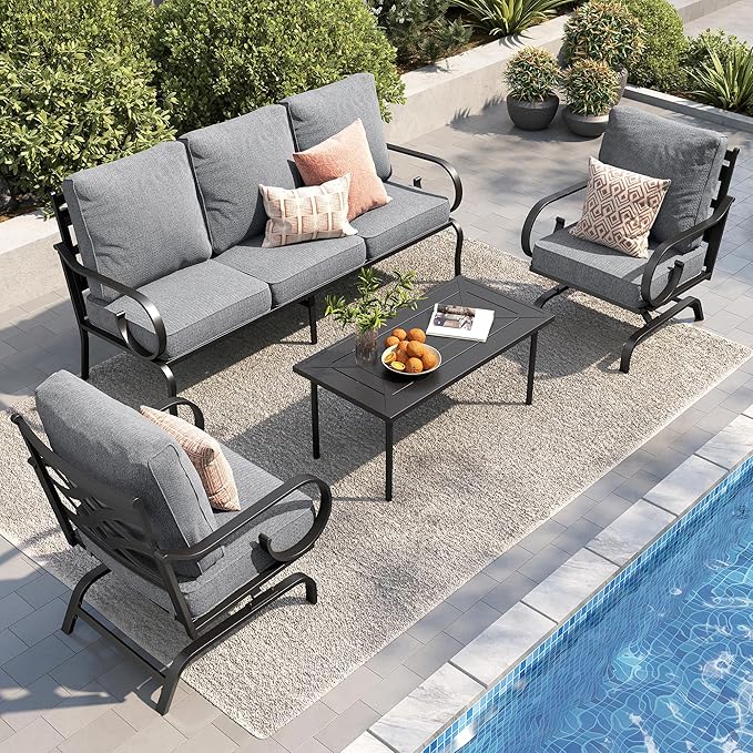 PHI VILLA Patio Furniture Set, 3-Seater Sofa, 2 Rocking Chairs and a Coffee Table, Outdoor Metal Conversation Set with 5.75" Extra Thick Cushion for Garden Backyard Deck, Grey