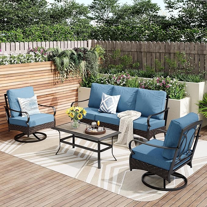 PHI VILLA Outdoor Patio Furniture Set, Upgraded Wicker & Metal Patio Conversation Set with Waterproof Thick Cushions for Porch, Poolside, Yard (4 Pieces, Navy)