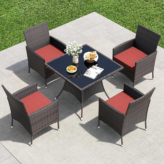 5 Pieces Outdoor Patio Dining Set,Patio Table and Chairs Rattan Outdoor Patio Furniture Set with Umbrella Hole,Dining Table Set for 4 with Chairs for Backyard,Garden and Kitchen,Red