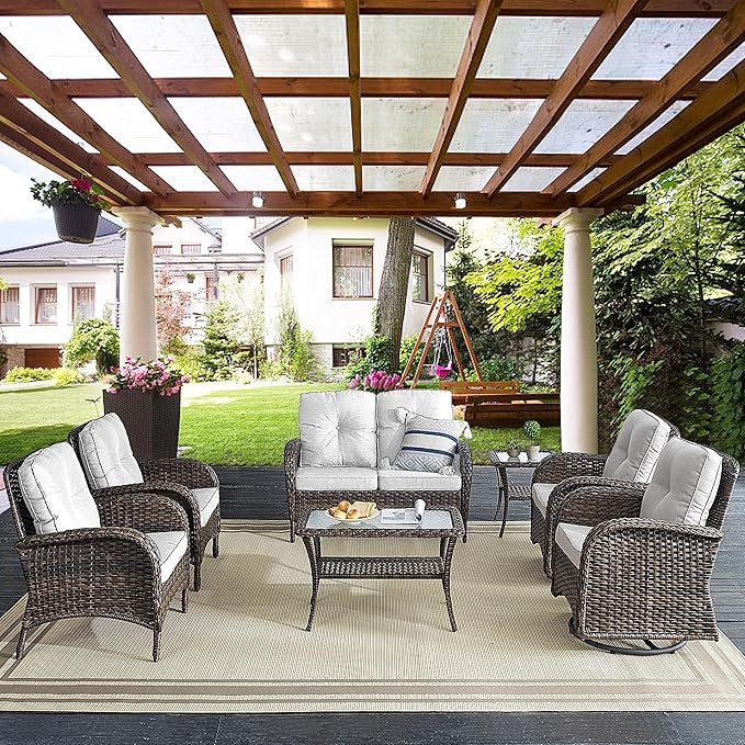 Belord Outdoor Wicker Loveseat with Coffee Table, Patio Loveseat Sofa 2 Piece Outdoor Wicker Furniture Set for Patio Porch Deck Balcony Light Brown/Beige