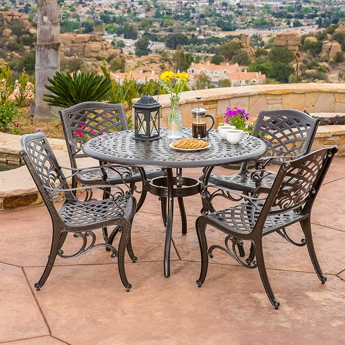 Christopher Knight Home Hallandale Outdoor Cast Aluminum Dining Set for Patio or Deck, 5-Pcs Set, Hammered Bronze