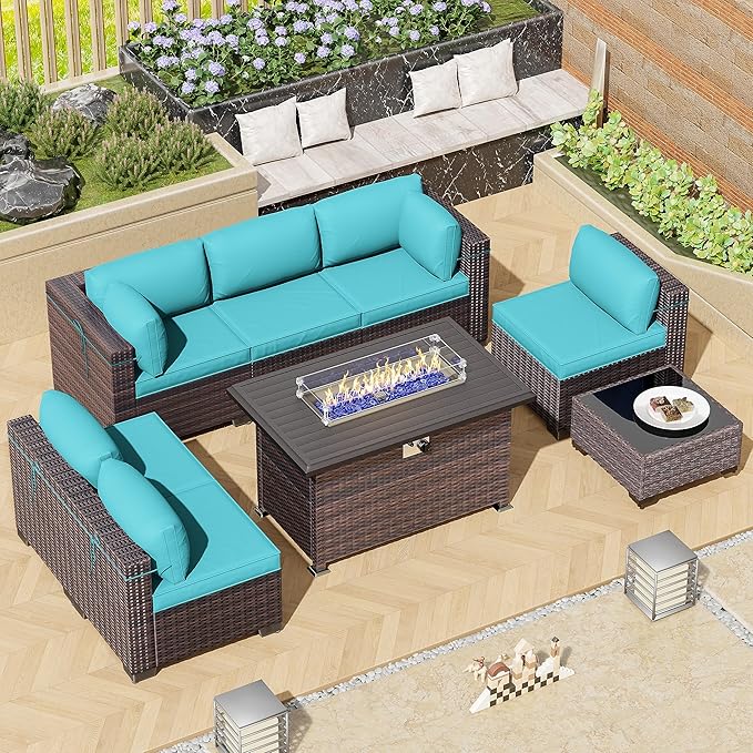 8 Pieces Outdoor Patio Furniture Set,Outdoor Sectional Furniture with 43" 55000 BTU Gas Propane Fire Pit Table,All Weather PE Rattan Wicker Patio Conversation Set,Turquoise Blue