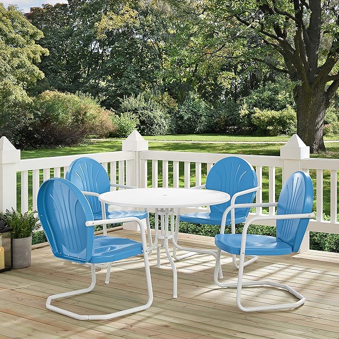 Crosley Furniture Griffith 5-Piece Outdoor Dining Set for 4, Retro Metal Round Patio Table and Chairs, Sky Blue