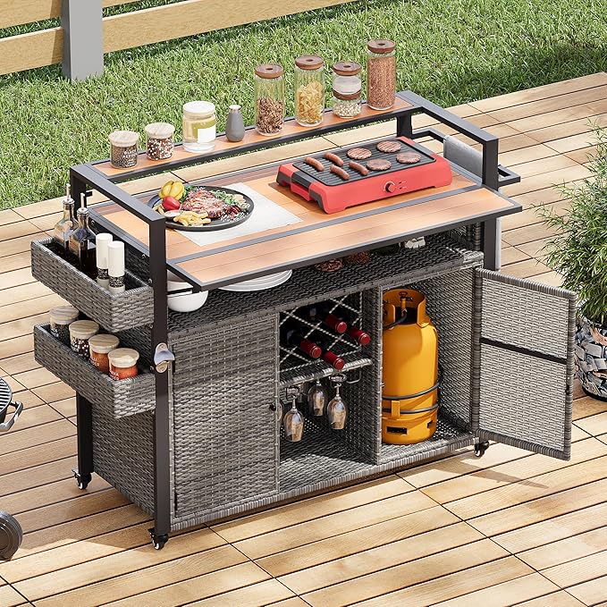 RUNNA Wicker Outdoor Grill Cart with Extended Plastic Wood Table Top, Rolling Kitchen Island on Wheels with Storage Cabinet, for Patio Backyard Garden Poolside, Double Handle Design (Grey@047)