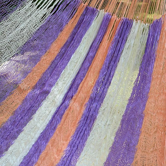 NOVICA Purple Orange Striped Hand Woven Nylon Mayan 2 Person XL Rope Hammock with Hanging Accessories, 'Melon Stripe' (Double)