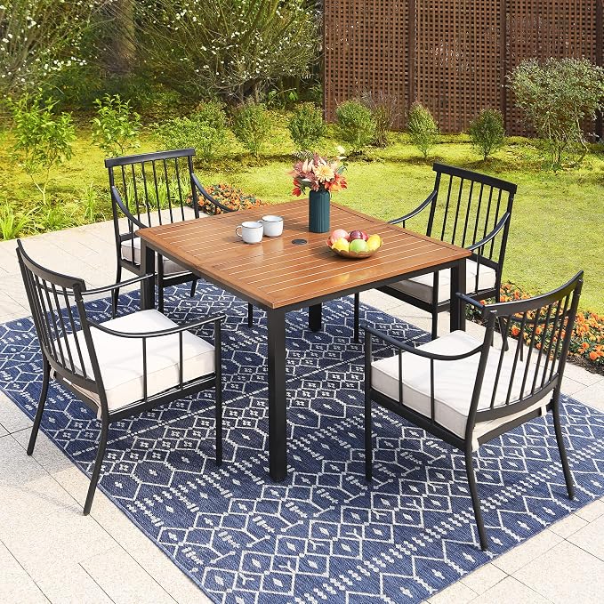 Sophia and William Patio Dining Set, 5 PCS | E-Coated and Steel, Square Table, Straight Legs Chairs, Umbrella Hole, Weather-Resistant